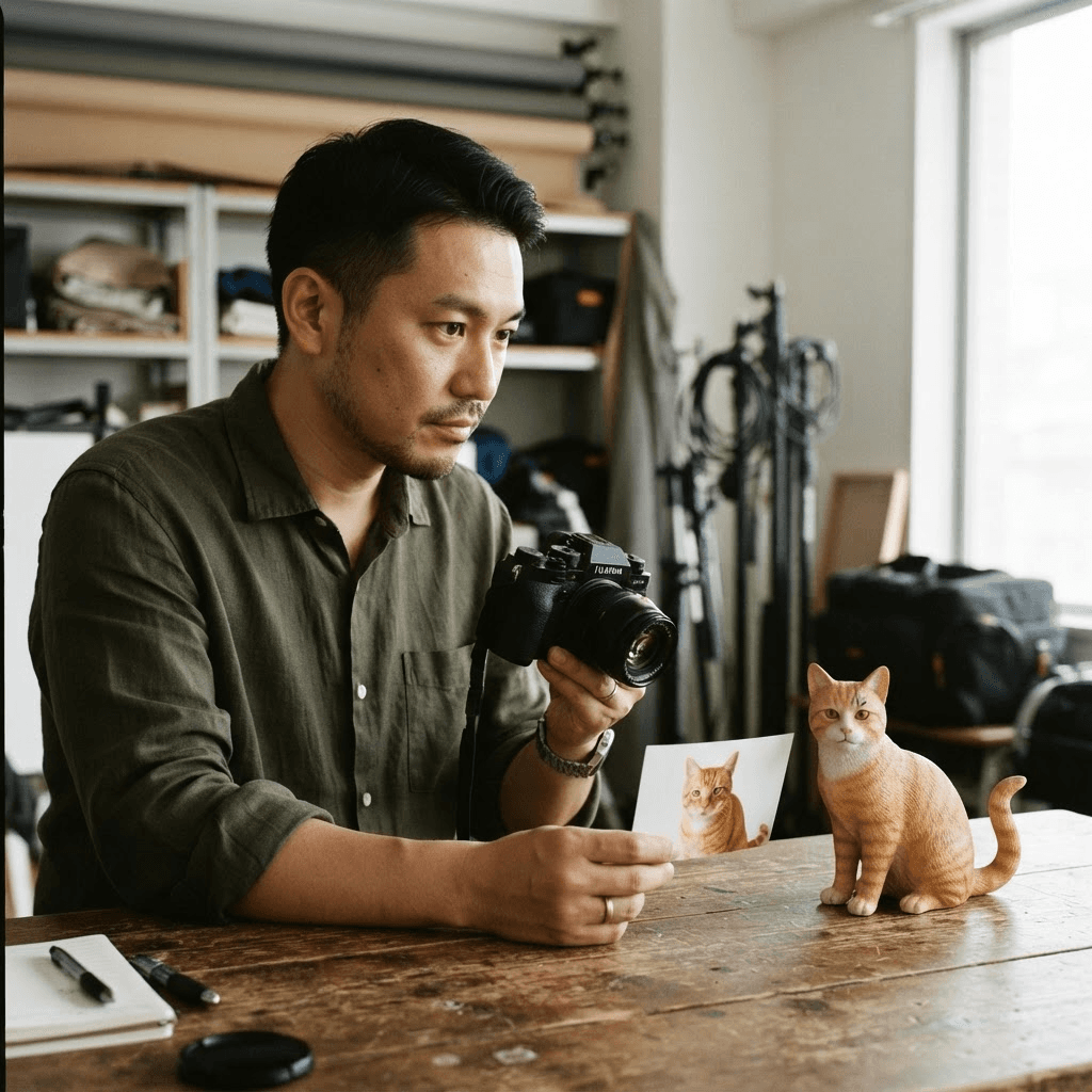 宠物摄影师对照橘猫照片与手办