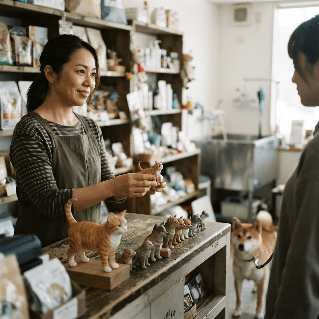 宠物店店主向客户展示宠物手办