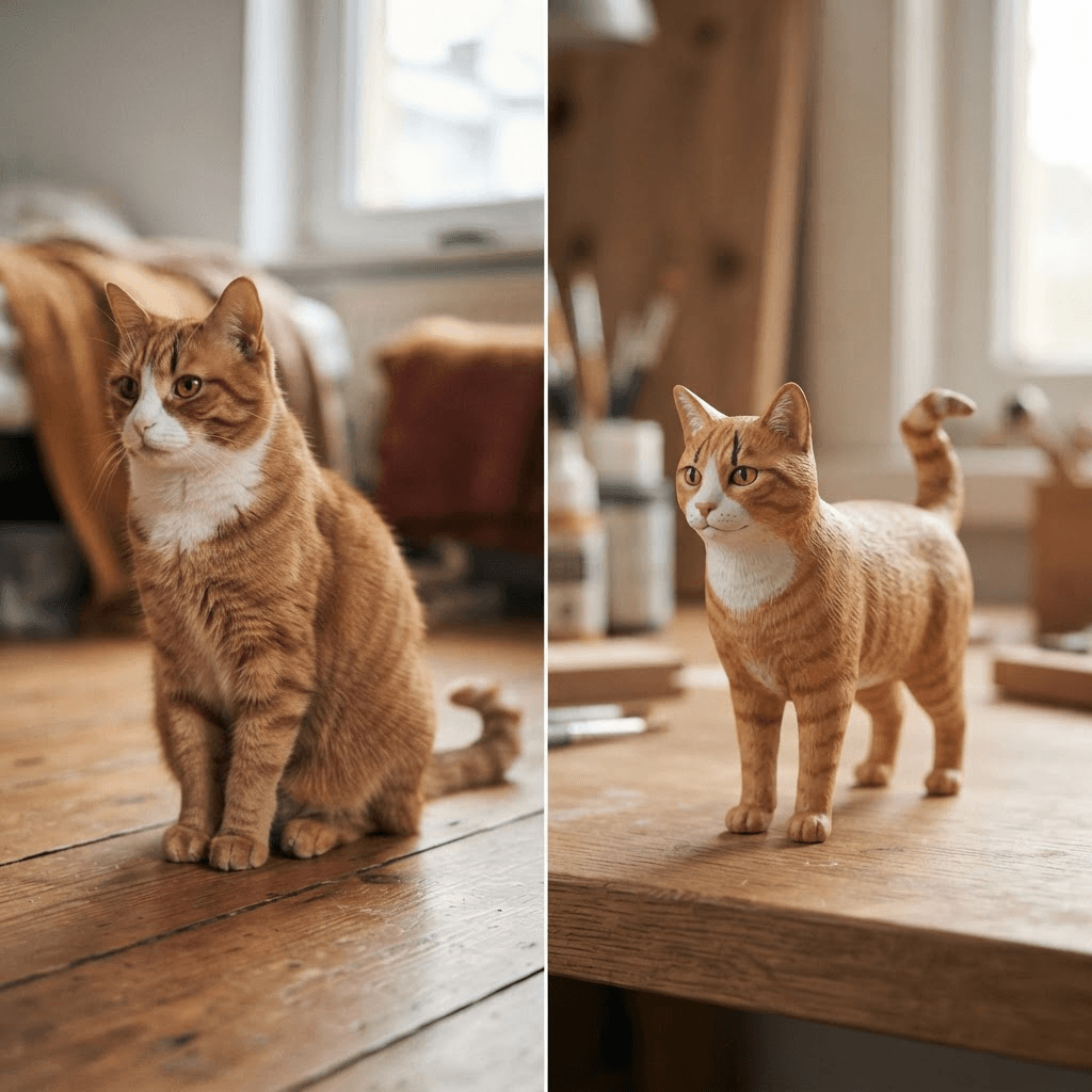 同一只橘猫的生活照片与定制手办对比