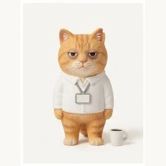 同一只白胸橘猫穿白衬衫、戴空白工牌并拿着咖啡杯的树脂手办
