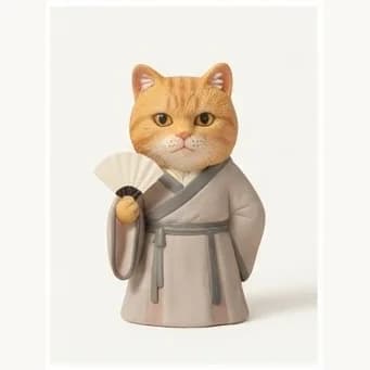 同一只白胸橘猫穿通用交领长袍并拿着折扇的树脂手办