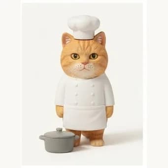 同一只白胸橘猫戴厨师帽、穿围裙并站在小锅旁的树脂手办