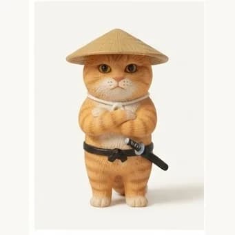 同一只白胸橘猫戴斗笠、腰间佩小刀并抱臂站立的树脂手办
