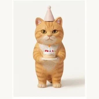 同一只白胸橘猫戴生日帽并捧着一支蜡烛蛋糕的树脂手办
