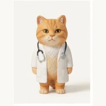 同一只白胸橘猫穿白大褂并挂着听诊器的树脂手办