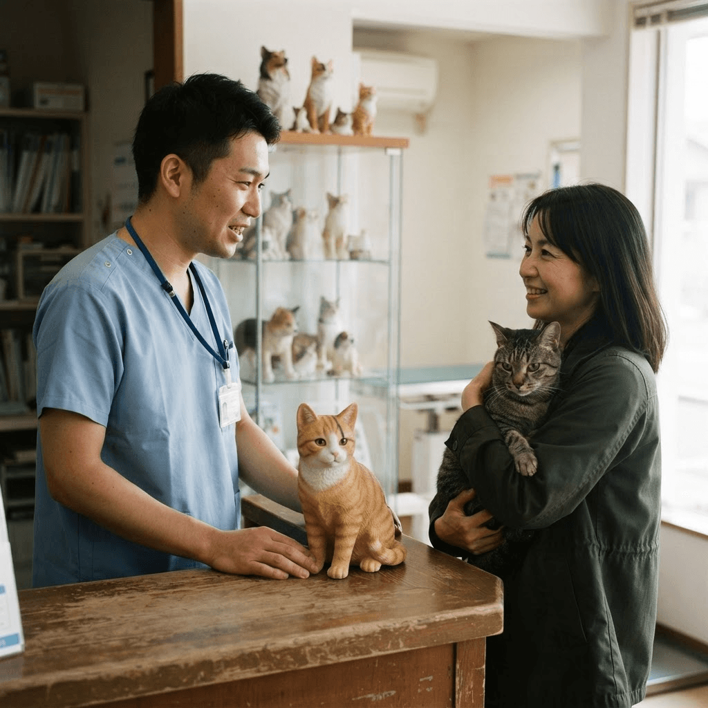 宠物医院前台展示橘猫手办